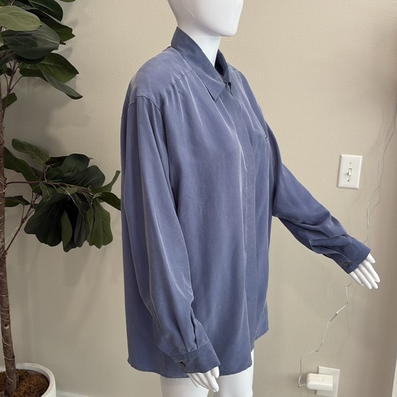 2567 100% Silk Long Sleeve Hidden Button Down Shirt Womens Size 12 Dusty Blue - Picture 9 of 12